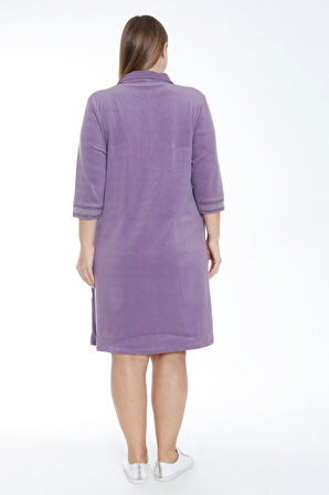 Kadın Turkuaz Truvakar Kollu Taş Detaylı Cepli Pamuklu Havlu Büyük Beden Elbise