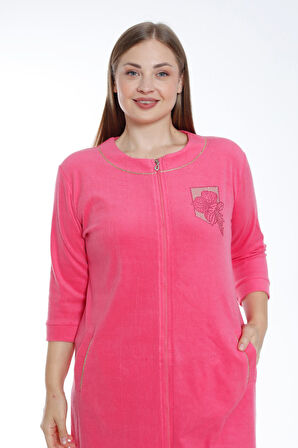 Kadın Turkuaz Fermuarlı Truvakar Kollu Cepli Biyeli Taşlı Pamuklu Havlu  Büyük Beden Elbise