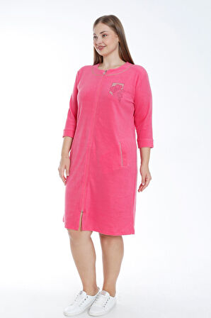 Kadın Turkuaz Fermuarlı Truvakar Kollu Cepli Biyeli Taşlı Pamuklu Havlu  Büyük Beden Elbise