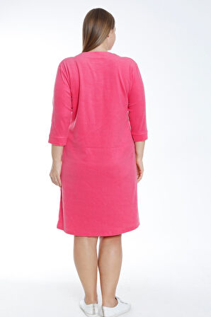 Kadın Turkuaz Fermuarlı Truvakar Kollu Cepli Biyeli Taşlı Pamuklu Havlu  Büyük Beden Elbise