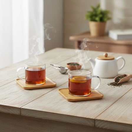 Bambu Tabaklı 2'li Cam Fincan Seti 150 ml - Yuvarlak/Kare Seçenekli Borosilikat Bitki Çayı ve Double Kahve Fincanı (KARE TABAKLI)