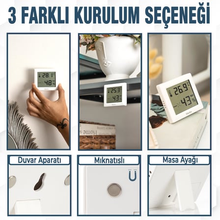 Dijital Oda Termometresi ve Nem Ölçer – LCD Ekranlı, Kompakt Higrometre, İç Mekan Sıcaklık ve Nem Takibi, Mıknatıslı &amp; Ayaklı &amp; Duvar Tipi Kullanım – Mutfak, Bebek Odası, Ofis, Sera için Uygun