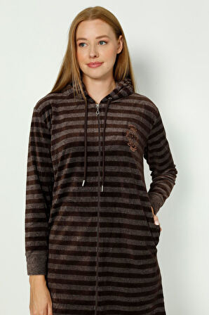 Haki Çizgili Kapüşonlu Nakış Detaylı Pamuklu Kadife Uzun Kollu Kadın Elbise