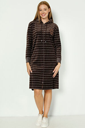 Haki Çizgili Kapüşonlu Nakış Detaylı Pamuklu Kadife Uzun Kollu Kadın Elbise