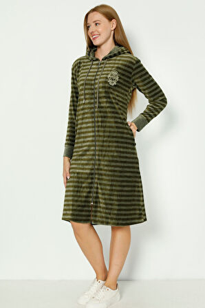 Haki Çizgili Kapüşonlu Nakış Detaylı Pamuklu Kadife Uzun Kollu Kadın Elbise