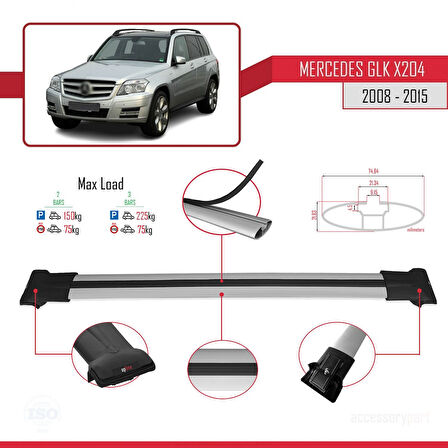 Mercedes GLK Class (X204) 2008-2015 Arası ile Uyumlu FLY Model Ara Atkı Tavan Barı Gri 2 Adet