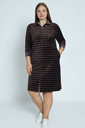 Kadın Kahverengi Çizgi Desenli Truvakar Kollu Taş Detaylı Pamuklu Kadife Büyük Beden Elbise