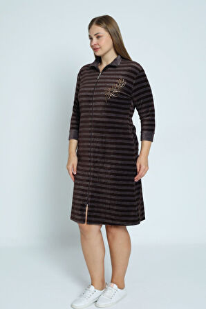 Kadın Kahverengi Çizgi Desenli Truvakar Kollu Taş Detaylı Pamuklu Kadife Büyük Beden Elbise