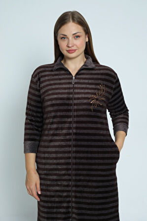 Kadın Kahverengi Çizgi Desenli Truvakar Kollu Taş Detaylı Pamuklu Kadife Büyük Beden Elbise