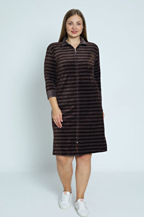 Kadın Kahverengi Çizgi Desenli Truvakar Kollu Taş Detaylı Pamuklu Kadife Büyük Beden Elbise