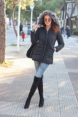 Barbora Kışlık Yaka Kürklü Uzun Kadın Şişme Mont bt122siyah10