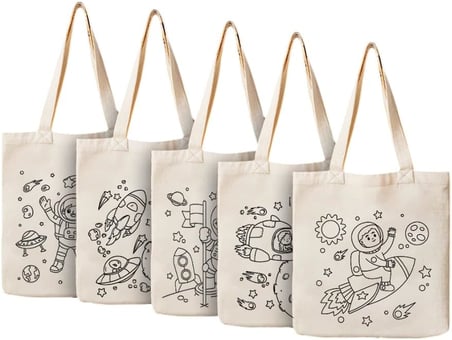 Stonehill Uzay Temalı Boyama Çantası 5'li Set - 20x30 cm Bez Boyama Çantası - Çocuklar İçin Boyanabilir Aktivite Çantası - Keçeli Kalem ve Kumaş Boyasına Uygun