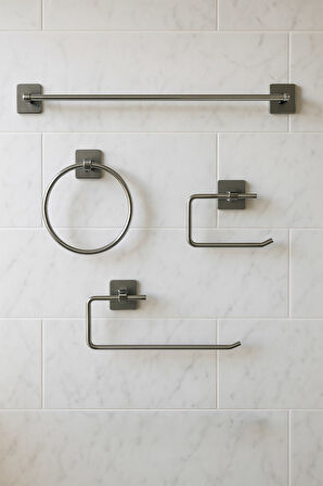 Yapışkanlı Krom 4’lü Banyo & Mutfak Havluluk Seti – WC Kağıtlık, Rulo, Çember & Uzun Havlu Askısı