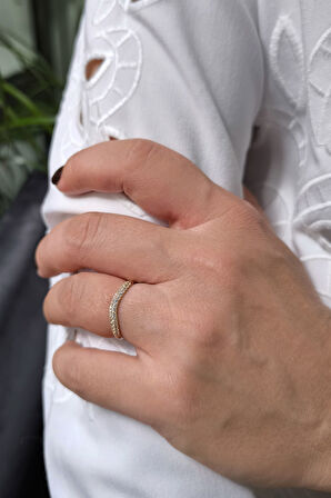 Altın Taşlı Kombin Dalga Yüzük