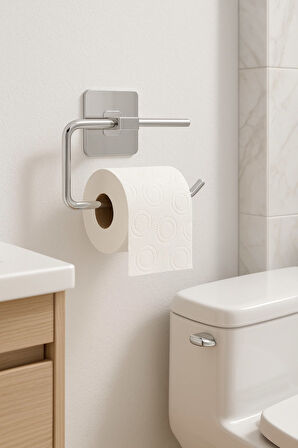 Yapışkanlı Krom WC Kağıtlık / Tuvalet Kağıtlık – Deliksiz Montaj, Ergonomik Tasarım