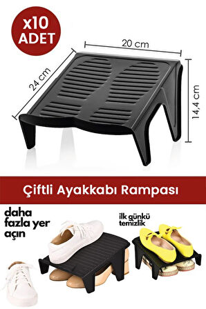10 Adet Çiftli Ayakkabı Rampası, Dolap İçi Düzenleyici, Çift Başına 2 Kat Yer Tasarrufu