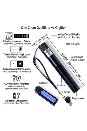 Profesyonel Yüksek Menzilli Şarjlı Yeşil Lazer Sunum Kalemi