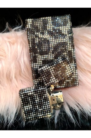 Geniş Siyah-gümüş Lleopar Taşlı Slim (kısa Slim ]sigara Kutusu Ve Zippo Çakmak Seti