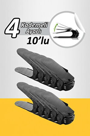 10 Adet Siyah 4 Kademeli Ayakkabı Rampası, Yükseklik Ayarlı Ayakkabılık Düzenleyici, Yer Tasarrufu