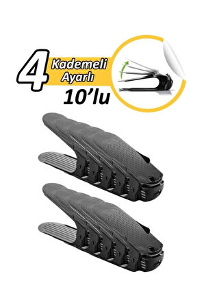 10 Adet Siyah 4 Kademeli Ayakkabı Rampası, Yükseklik Ayarlı Ayakkabılık Düzenleyici, Yer Tasarrufu