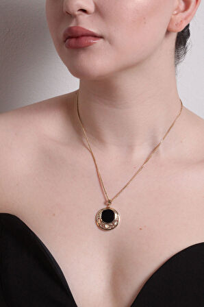 Siyah Mineli Altın Yuvarlak Etnik Kolye