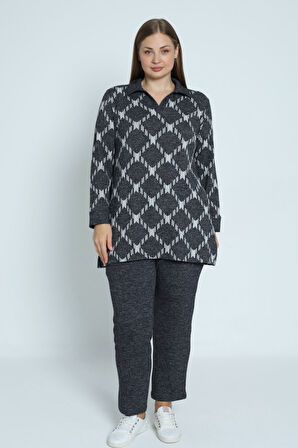 Desenli Uzun Kollu Polo Yaka Likralı Örme Kadın Büyük Beden Alt Üst Takım