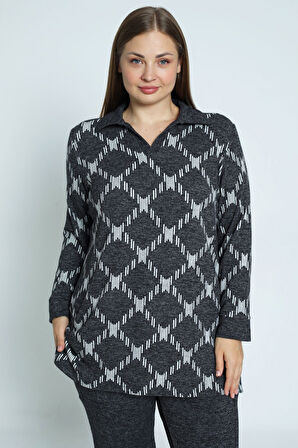 Desenli Uzun Kollu Polo Yaka Likralı Örme Kadın Büyük Beden Alt Üst Takım