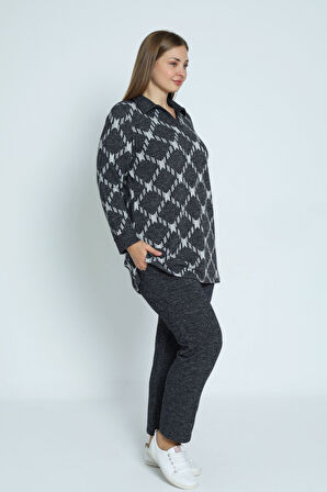 Desenli Uzun Kollu Polo Yaka Likralı Örme Kadın Büyük Beden Alt Üst Takım