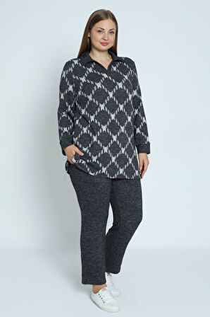 Desenli Uzun Kollu Polo Yaka Likralı Örme Kadın Büyük Beden Alt Üst Takım