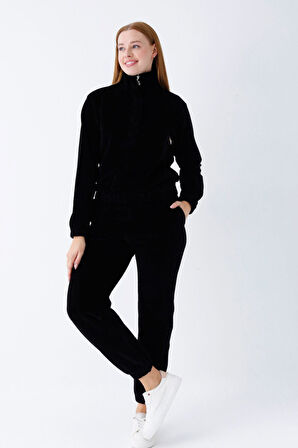 Kadın Haki Uzun Kollu Cepli Yakası Fermuarlı Pamuklu Kadife Likralı Alt Üst Eşofman Takımı