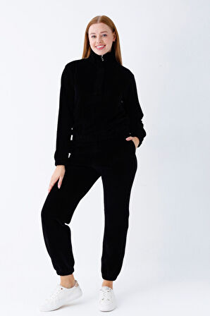 Kadın Haki Uzun Kollu Cepli Yakası Fermuarlı Pamuklu Kadife Likralı Alt Üst Eşofman Takımı