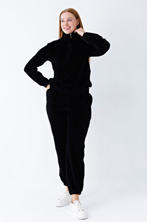 Kadın Haki Uzun Kollu Cepli Yakası Fermuarlı Pamuklu Kadife Likralı Alt Üst Eşofman Takımı