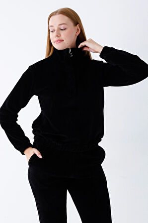 Kadın Haki Uzun Kollu Cepli Yakası Fermuarlı Pamuklu Kadife Likralı Alt Üst Eşofman Takımı