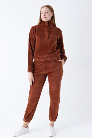 Kadın Haki Uzun Kollu Cepli Yakası Fermuarlı Pamuklu Kadife Likralı Alt Üst Eşofman Takımı