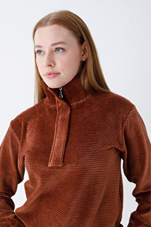 Kadın Haki Uzun Kollu Cepli Yakası Fermuarlı Pamuklu Kadife Likralı Alt Üst Eşofman Takımı