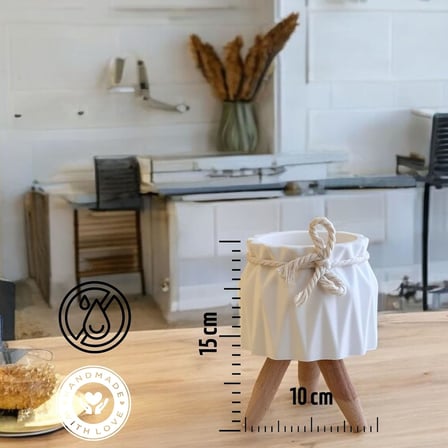 Ahşap Ayaklı İskandinav Tarz Beyaz Beton Saksı- Tekli Minimal Dekoratif Saksı, El Yapımı Eşsiz Dekor, Ev &amp; Ofis Dekoru (15 cm) (İskandinav, Adet, 1)