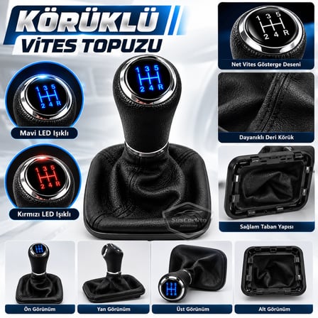 Tofaş Mavi Led Işıklı Deri Vites Topuzu ve Körüğü Set Şahin Doğan Kartal Uyumlu Körüklü Vites Topuzu 5 İleri 1 Geri