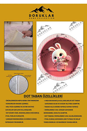 Kaymaz Taban Yıkanabilir Çiçekli Tavşan Desenli Yuvarlak Çocuk Halısı