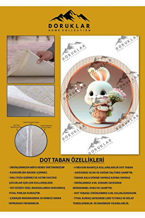 Kaymaz Taban Yıkanabilir Tatlı Minik Tavşan Desenli Yuvarlak Çocuk Halısı