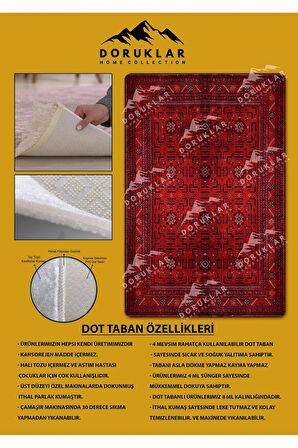 Klasik Desenli Kırmızı Kaymaz Taban Yıkanabilir Leke Tutmaz Dot Taban Halı