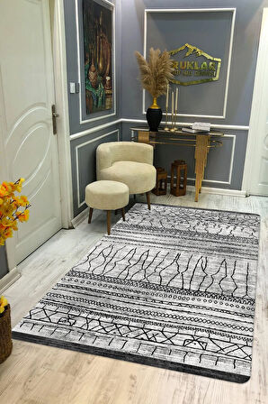 Modern Gri Kilim Desenli Kaymaz Tabanlı Yıkanabilir Leke Tutmaz Dot Taban Halı