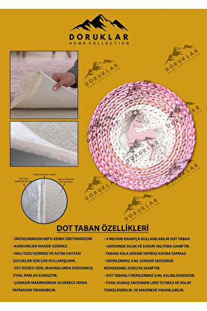 Hasır Desenli Pembe Unicorn  Kaymaz Tabanlı Yıkanabilir Yuvarlak Çocuk Halısı