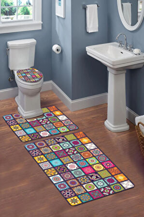 Yıkanabilir Kaymaz Dot Tabanlı Dekoratif Desenli 3'lü Klozet Takımı Banyo Paspas Seti