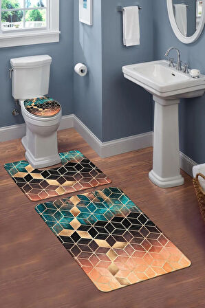Yıkanabilir Kaymaz Dot Tabanlı Dekoratif Desenli 3'lü Klozet Takımı Banyo Paspas Seti