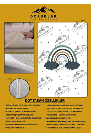 Kaymaz Taban Makinada Yıkanabilir Bulut Gökkuşağı Desenli Çocuk Halısı