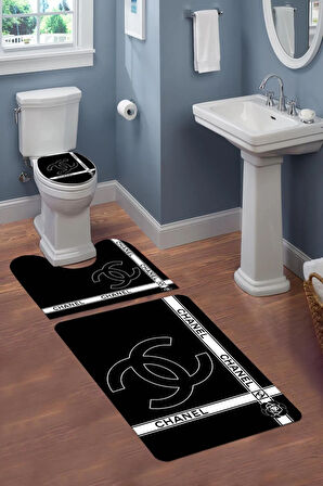Yıkanabilir Kaymaz Tabanlı Çizgili Gül Desenli 3'lü Klozet Takımı Banyo Paspas Seti