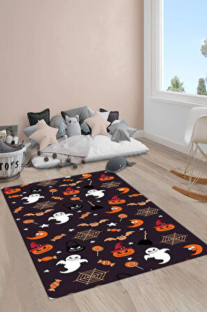 Kaymaz Taban Makinede Yıkanabilir Hallowen Desenli Çocuk Halısı