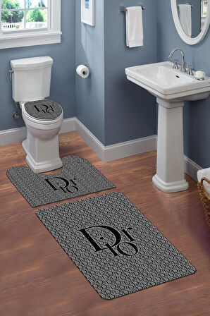 Yıkanabilir Kaymaz Tabanlı Modern Desenli 3'lü Klozet Takımı Banyo Paspas Seti