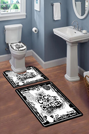 Yıkanabilir Kaymaz Tabanlı Modern Desenli 3'lü Klozet Takımı Banyo Paspas Seti