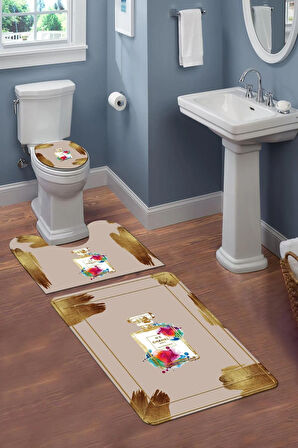 Yıkanabilir Kaymaz Tabanlı Modern Desenli 3'lü Klozet Takımı Banyo Paspas Seti